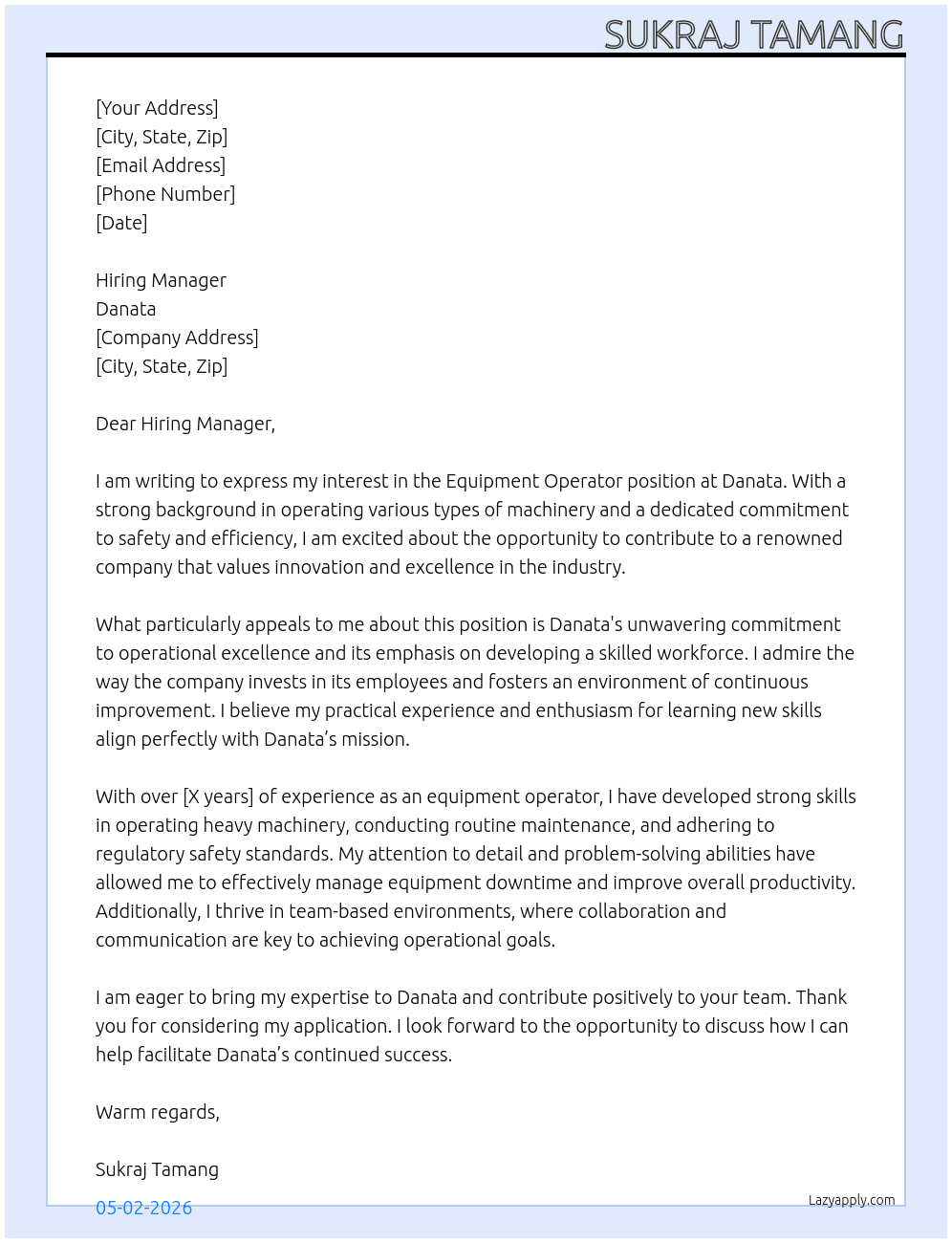 Equipment Operator At Danata Cover Letter