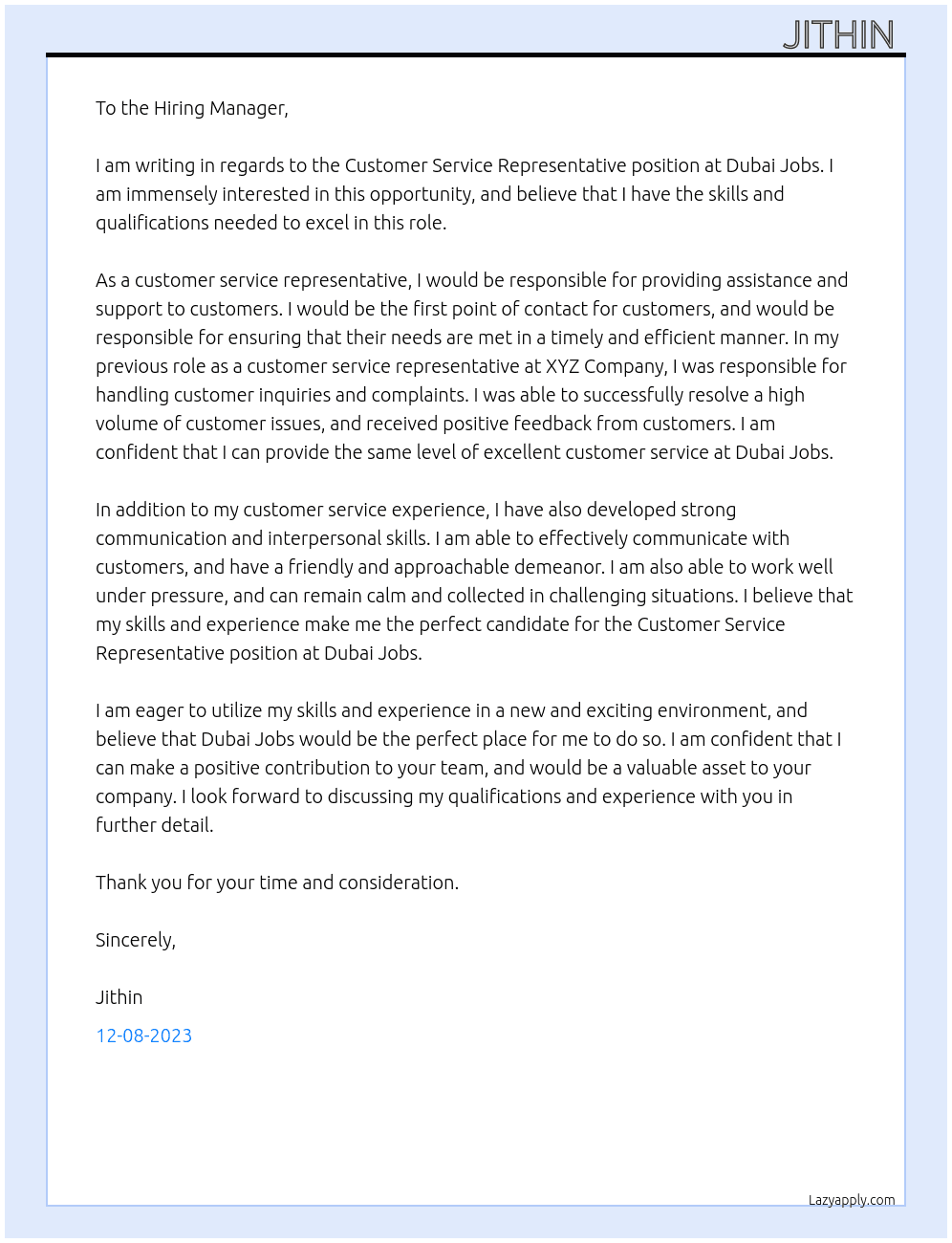 Customer service representative  At Dubai jobs Cover Letter