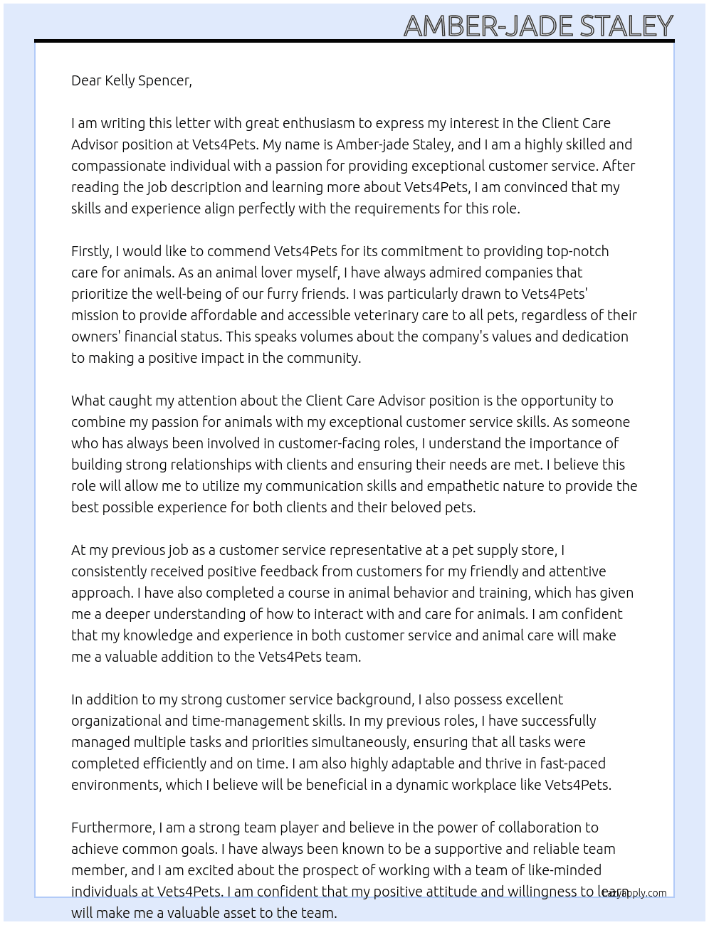 Client care advisor  At Vets4Pets  Cover Letter
