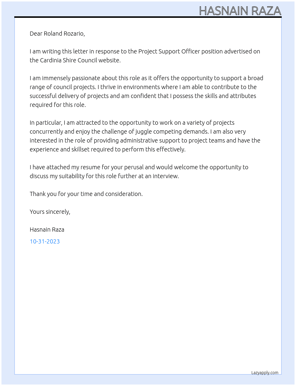 Project support Officer At Cardinia Shire Council Cover Letter