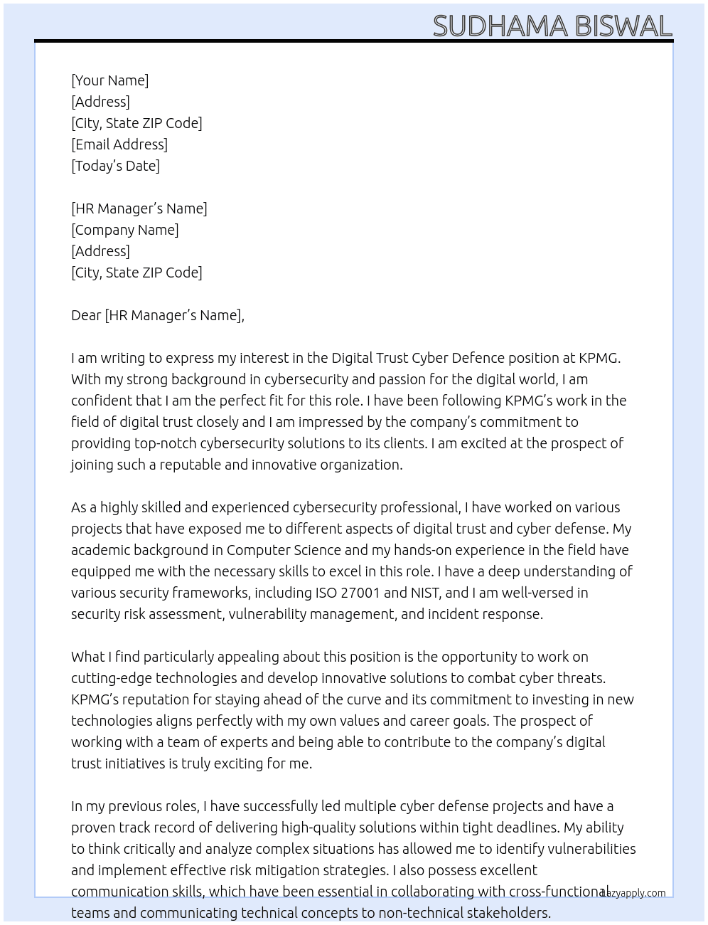 Cover letter for digital trust cyber defence - LazyApply