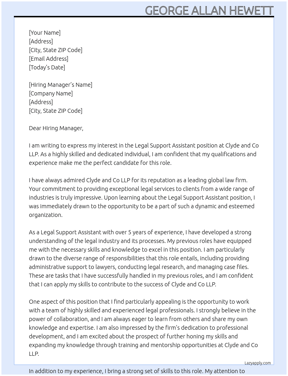 Legal Support Assistant At Clyde and Co LLP Cover Letter