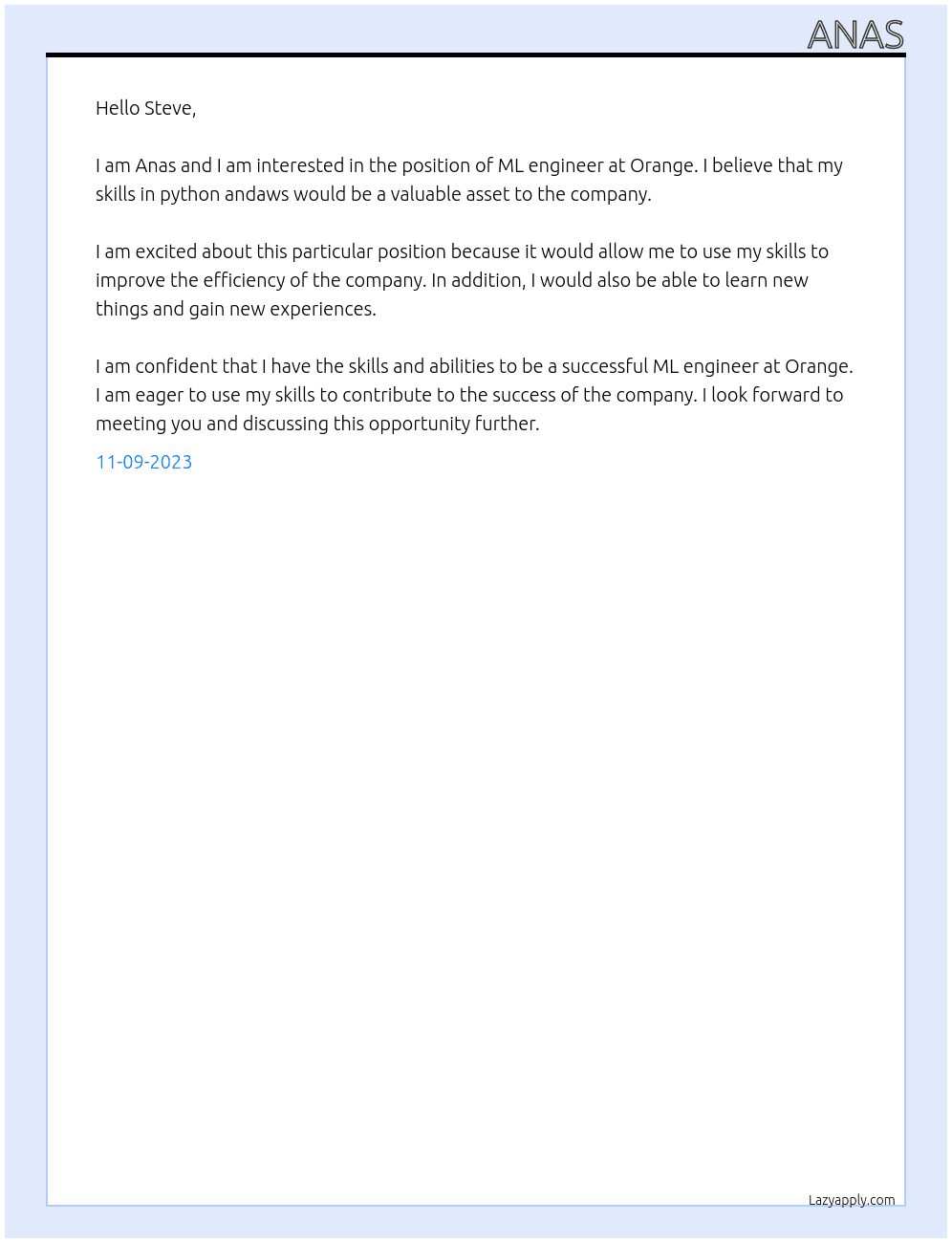 ML engineer  At Orange Cover Letter
