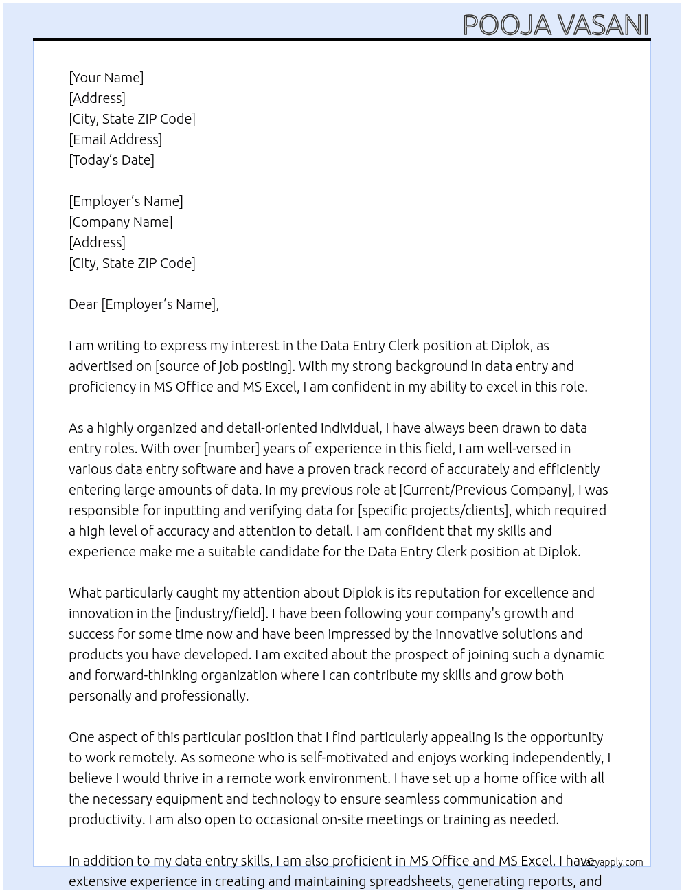 Data Entry Clerk At Diplok Cover Letter