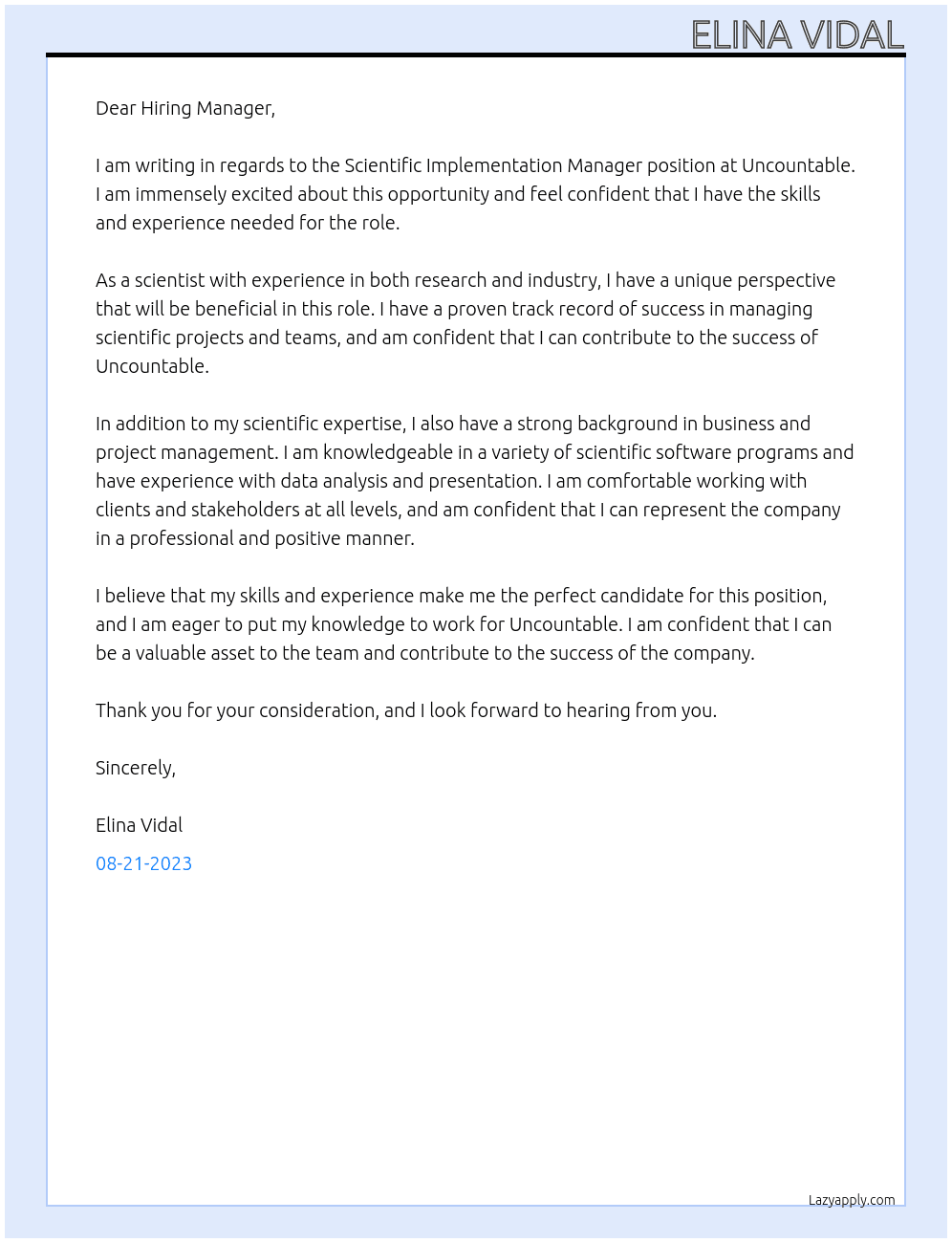 Scientific Implementation Manager At Uncountable Cover Letter