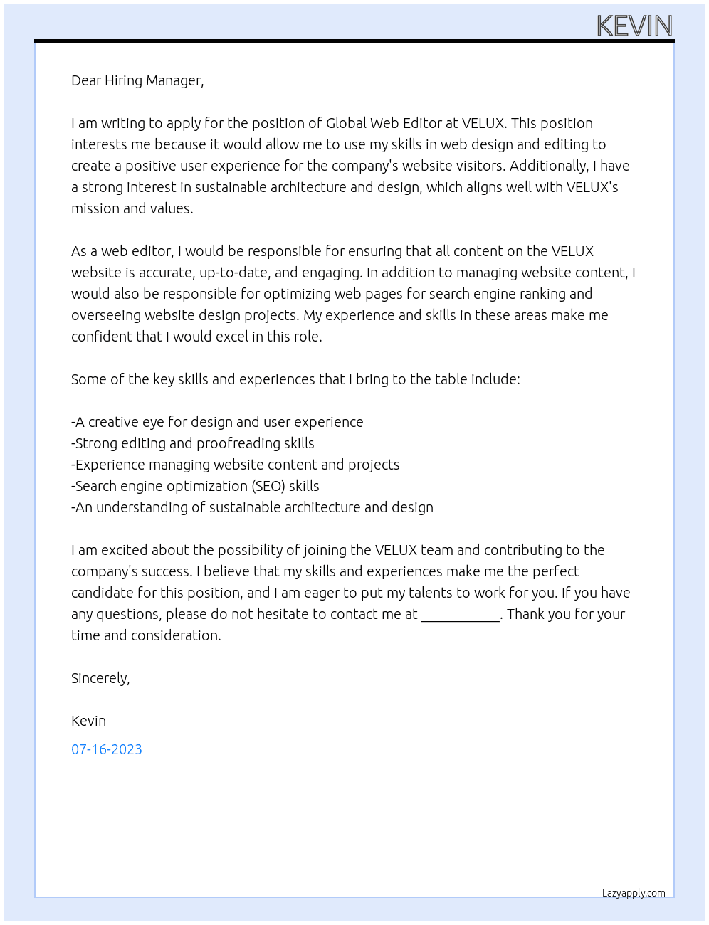 Global Web Editor At VELUX Cover Letter