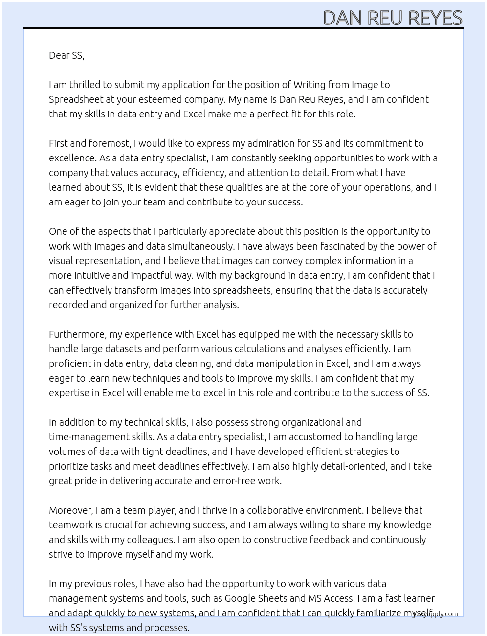 Writing from image to spreadsheet At ss Cover Letter