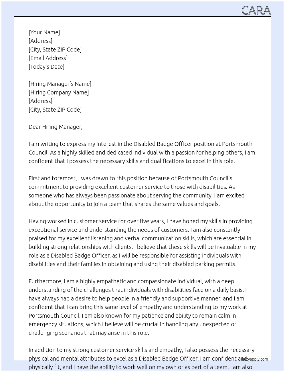 Disabled badge officer At Portsmouth Council Cover Letter