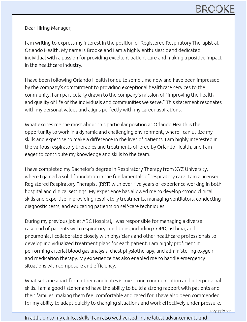 Registered Respiratory Therapist At Orlando Health  Cover Letter