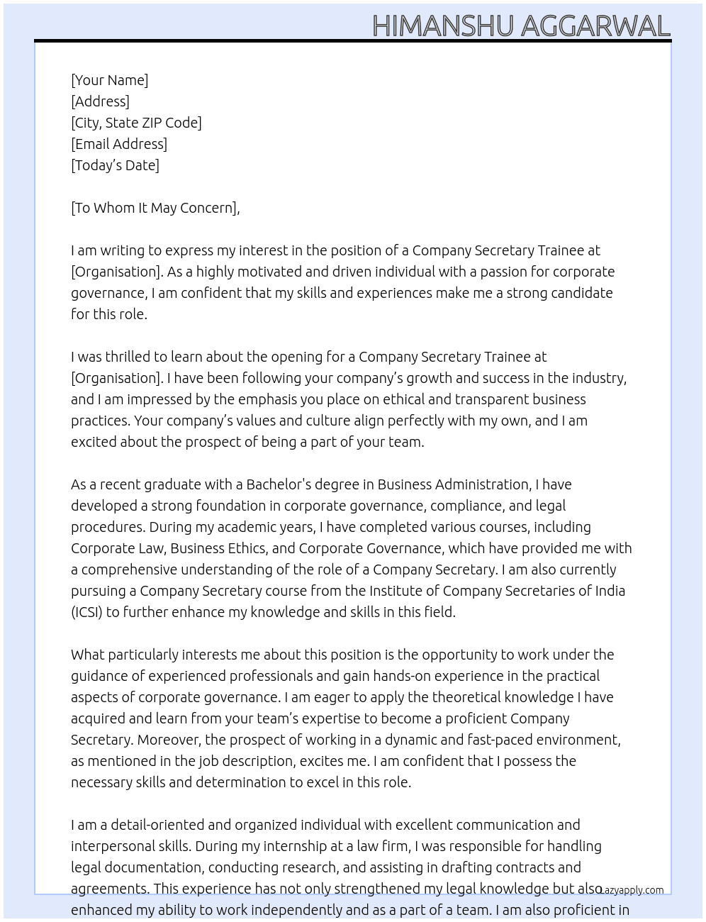 Company secretary trainee  At Organisation  Cover Letter