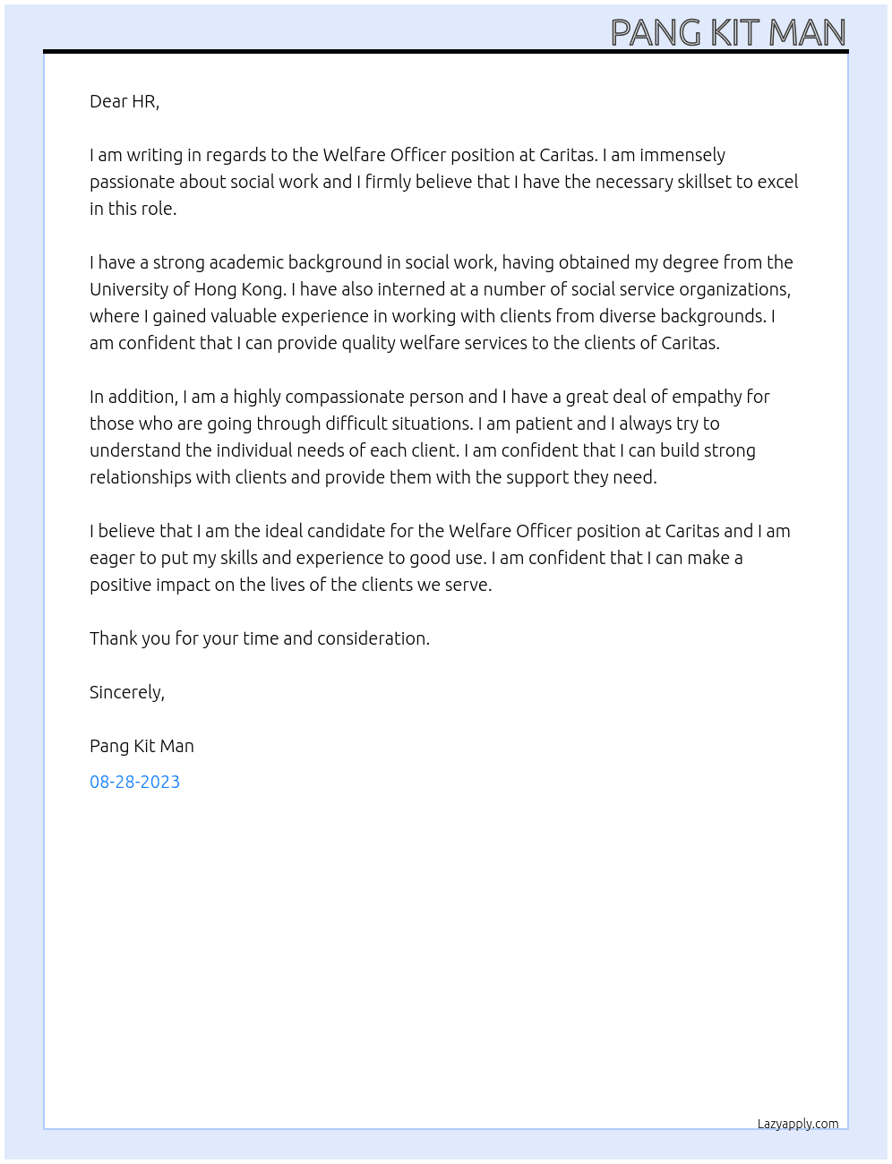 Welfare Officer At Caritas Cover Letter