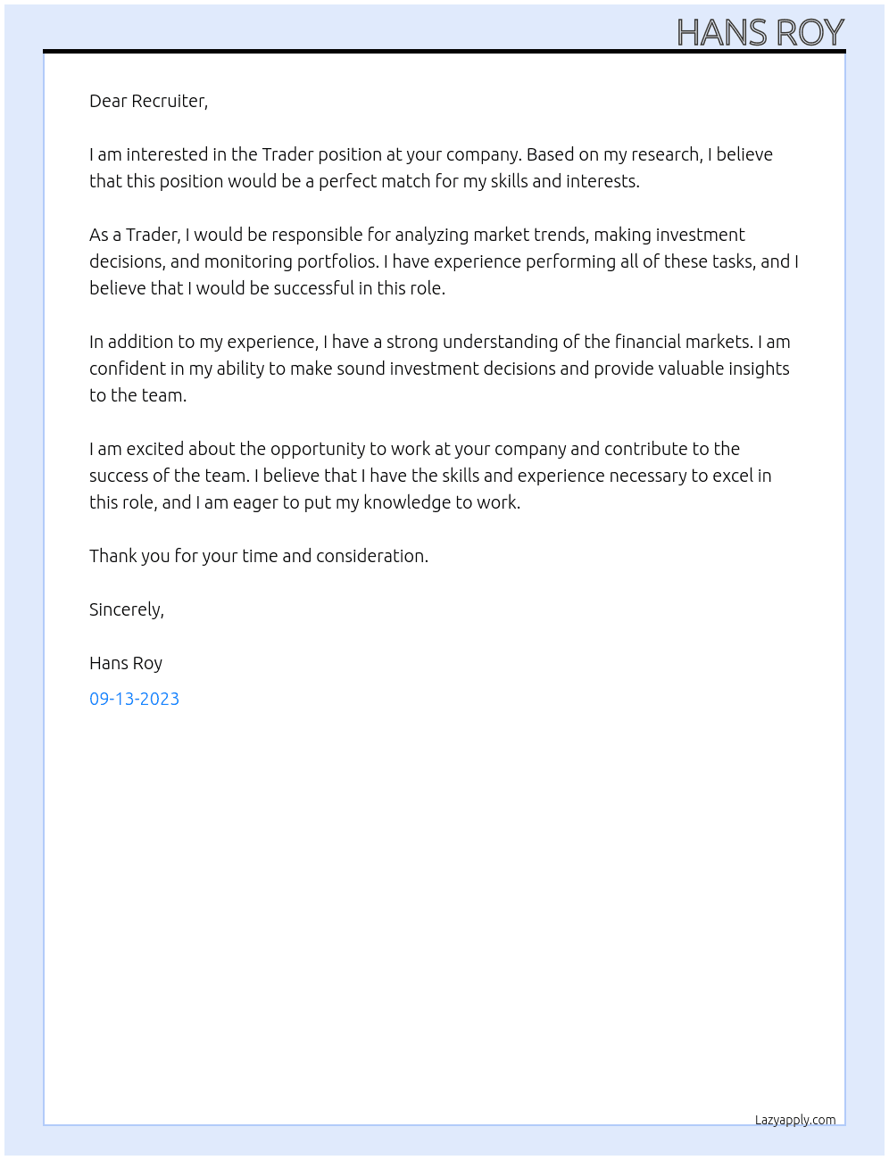 Trader At _ Cover Letter
