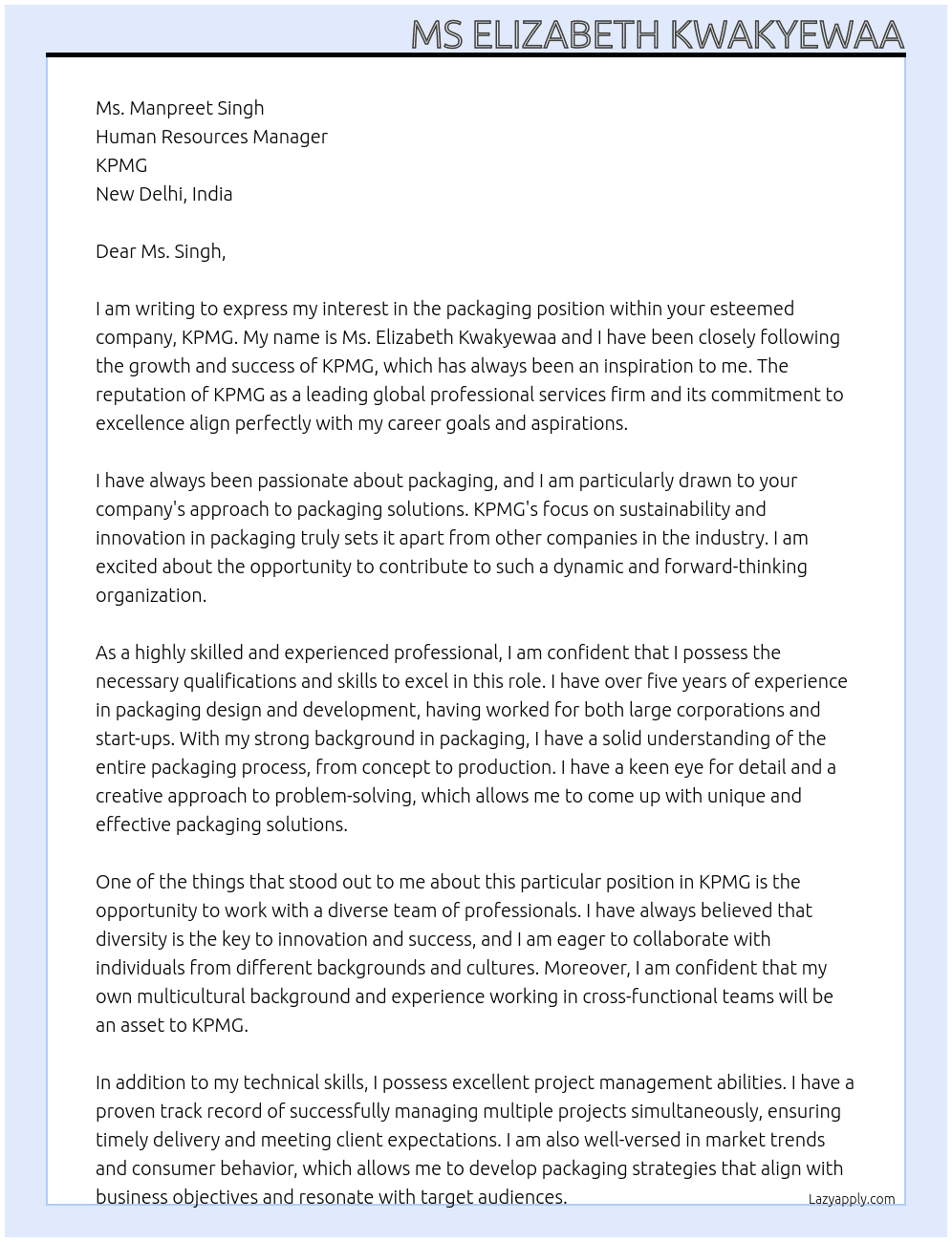 packaging  At KPMG Cover Letter