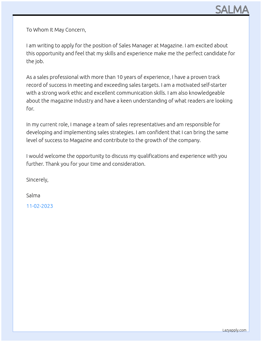 Sales Manager At Magazine  Cover Letter