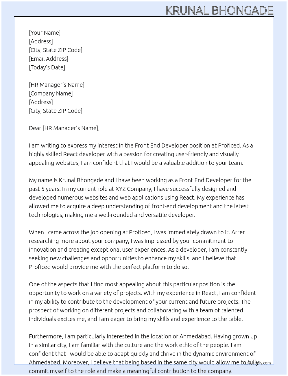 front end developer At Proficed Cover Letter