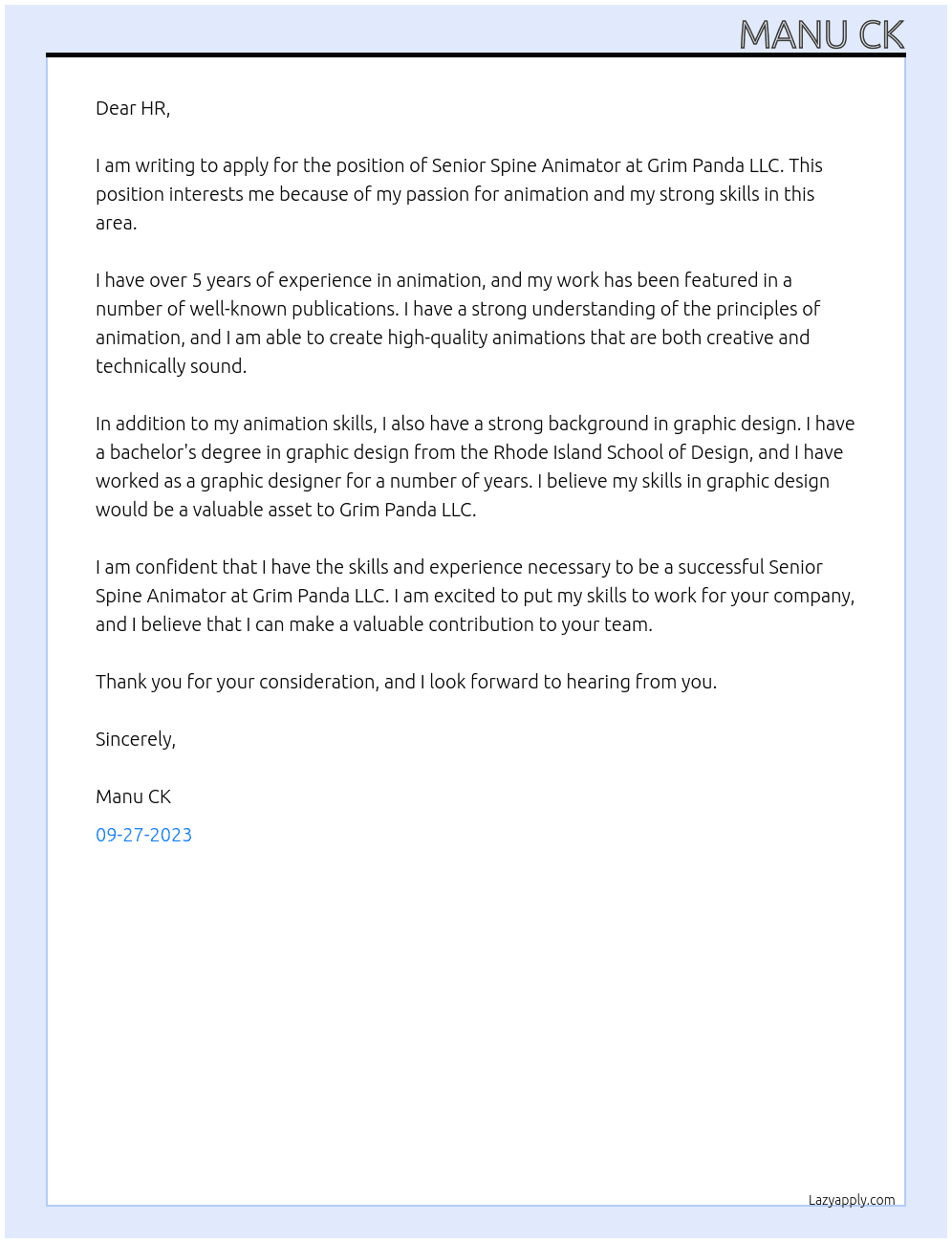 Senior Spine animator At Grim panda LLC Cover Letter