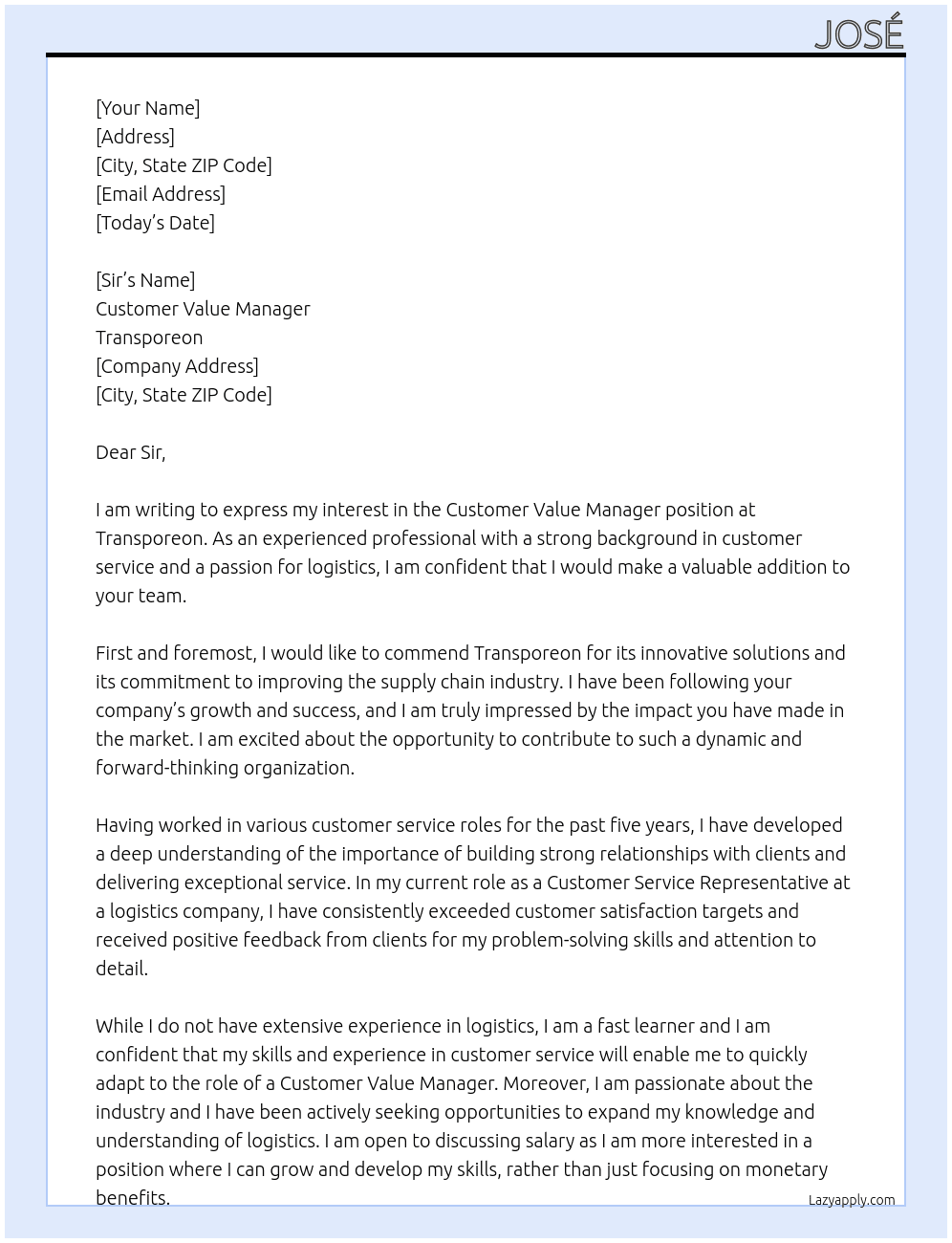 Customer Value Manager At Transporeon Cover Letter