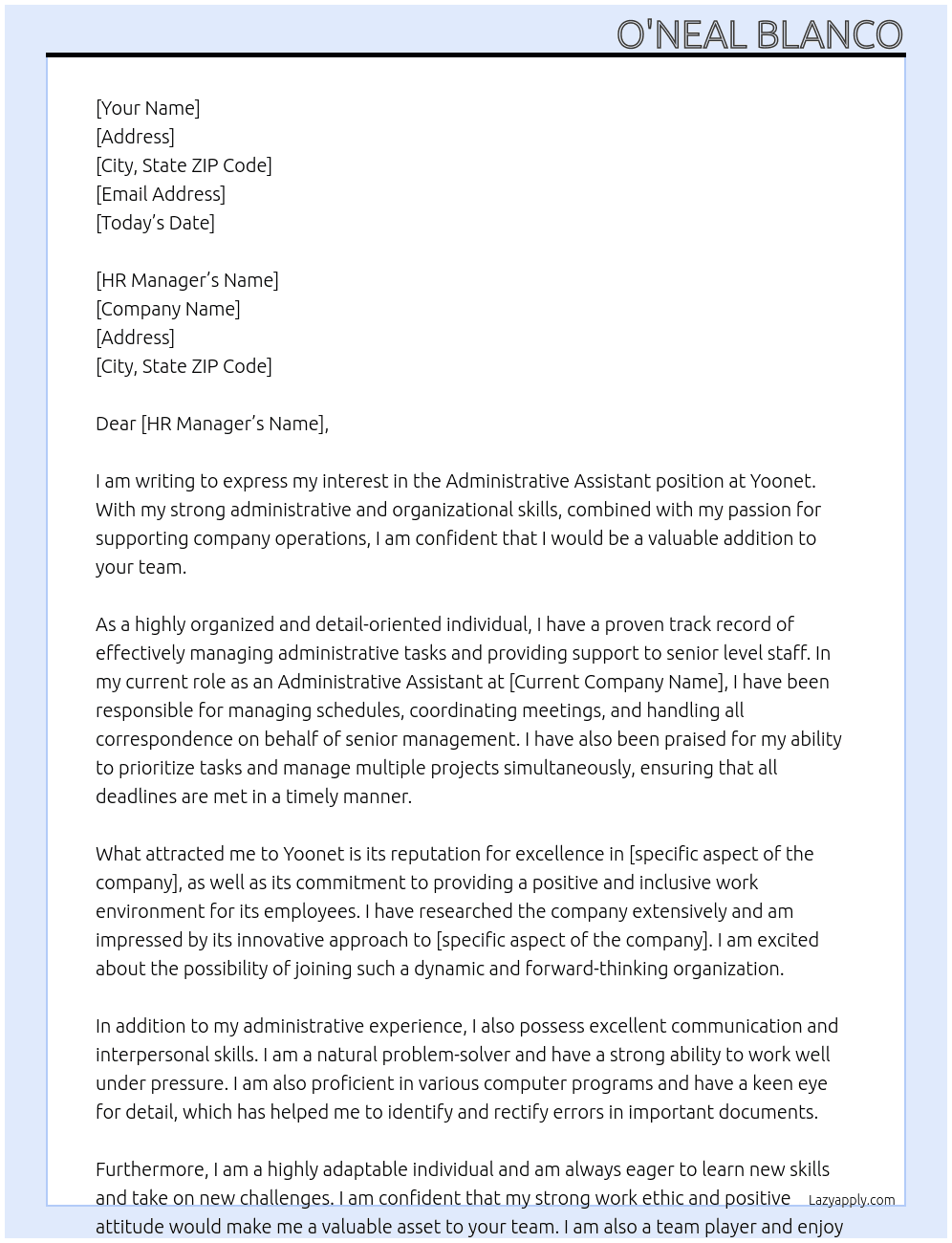 Administrative Assistant At Yoonet Cover Letter