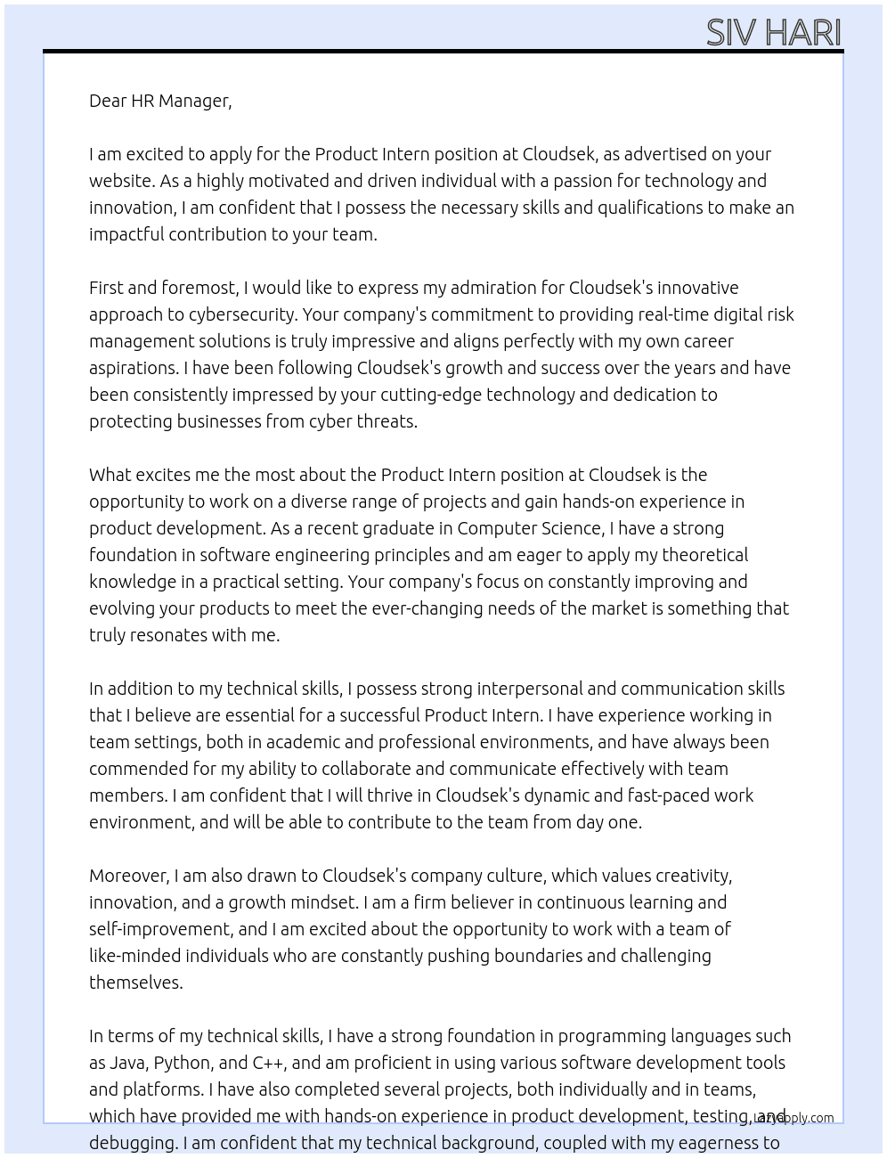 Product Intern At Cloudsek  Cover Letter