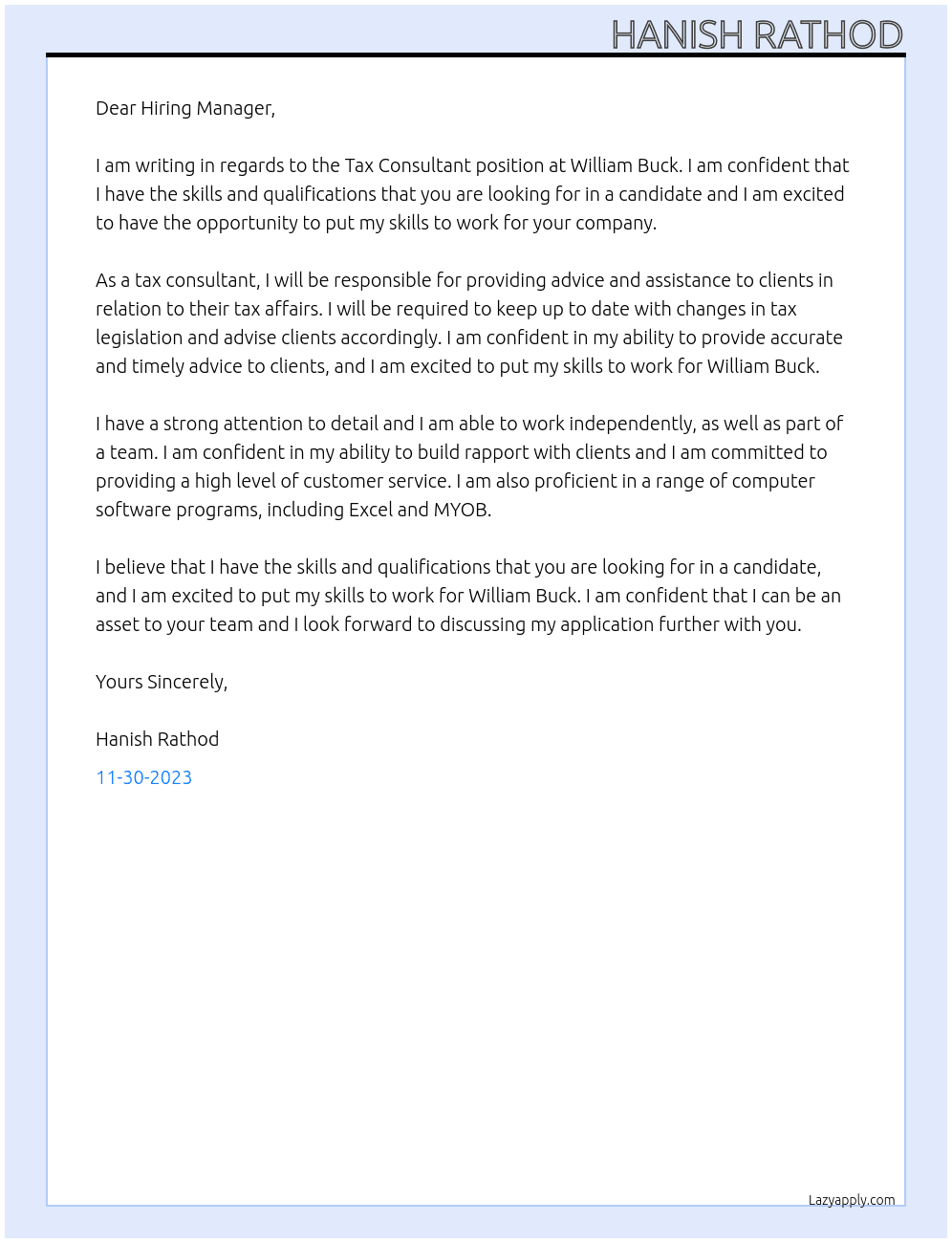 Tax Consultant At William Buck Cover Letter