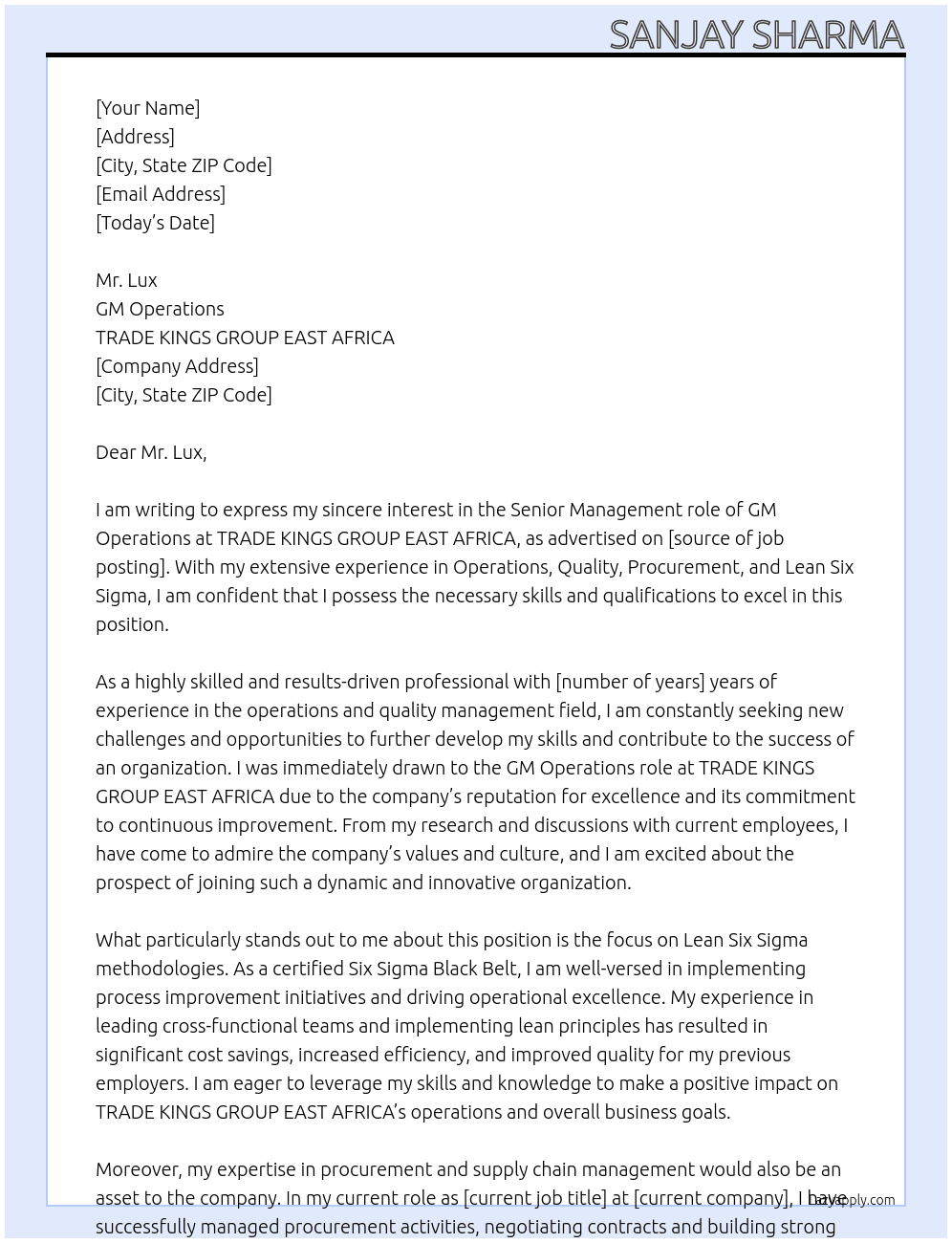 GM Operations At TRADE KINGS GROUP EAST AFRICA Cover Letter