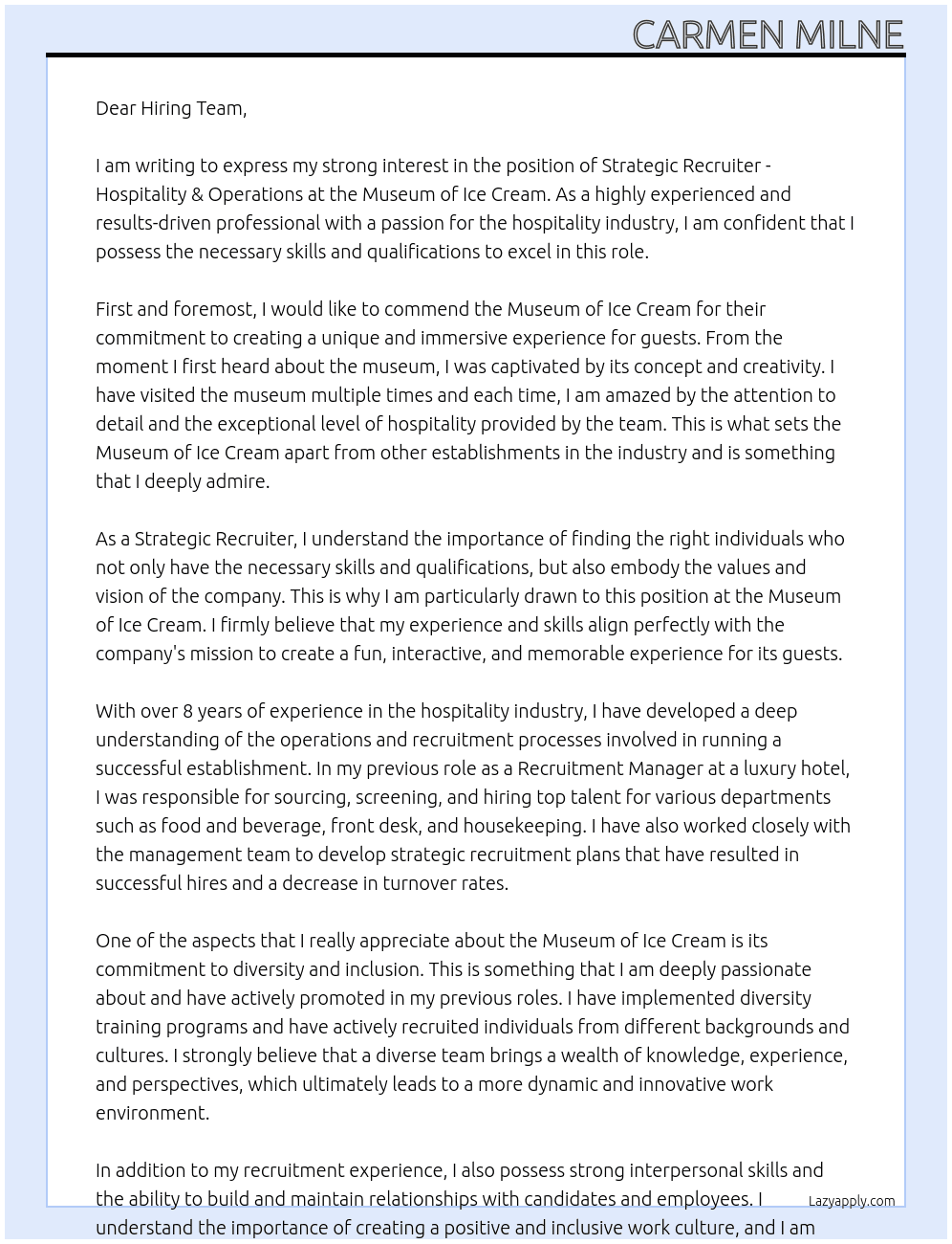 Strategic Recruiter - Hospitality & Operations At Museum of Ice Cream Cover Letter
