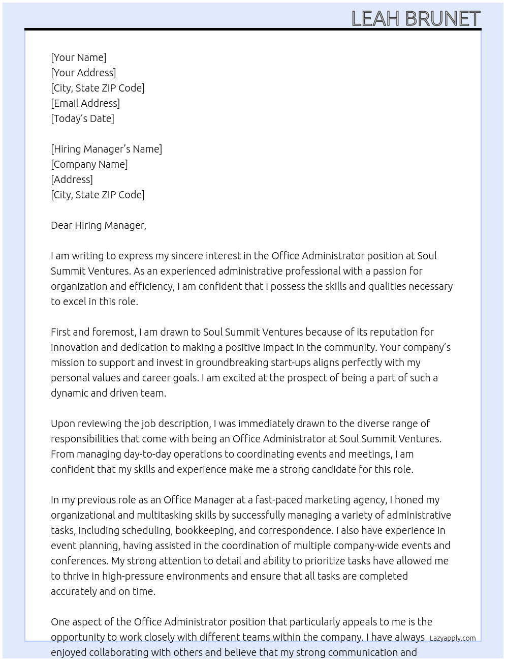 Office Administrator At Soul Summit Ventures Cover Letter