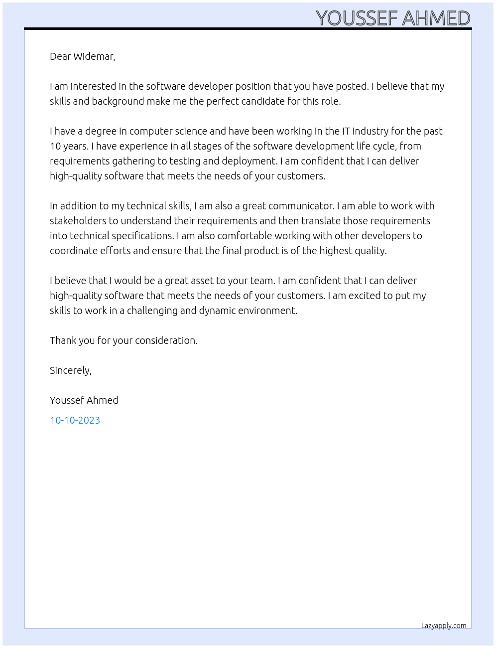 Software developer  At Widemar Cover Letter