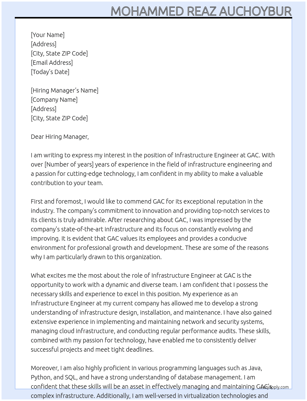 Infrastructure Engineer At GAC Cover Letter