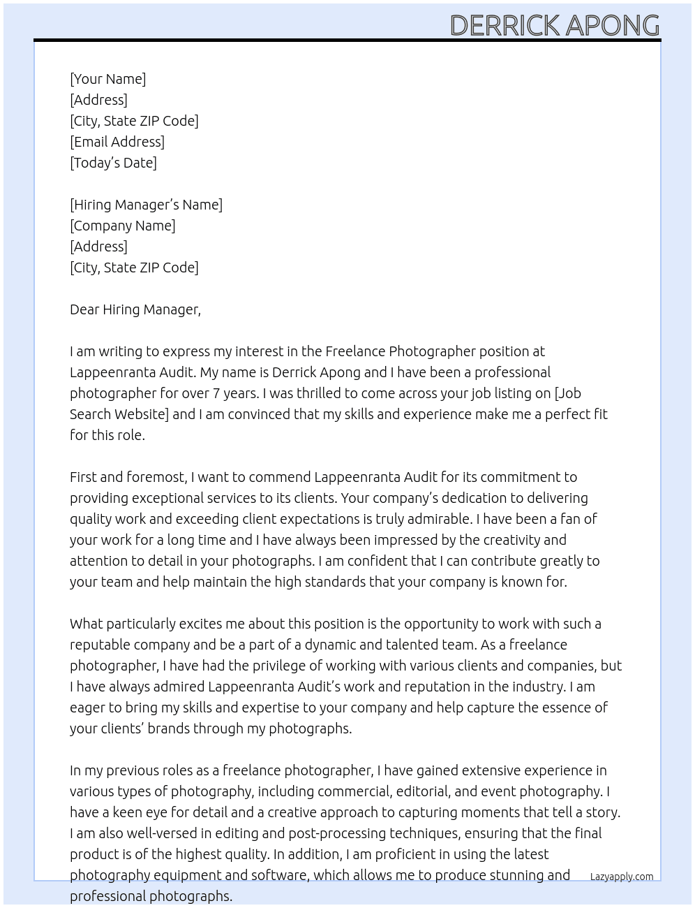 Freelance photographer  At Lappeenranta Audit Cover Letter