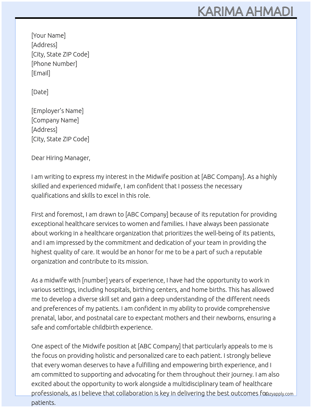 Midwife  At ( abc) Cover Letter