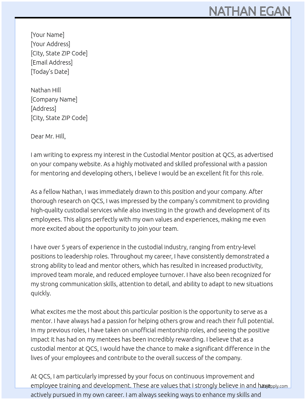 Custodial Mentor At QCS Cover Letter