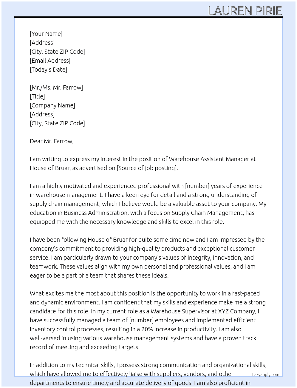 Cover letter for warehouse assistant manager - LazyApply