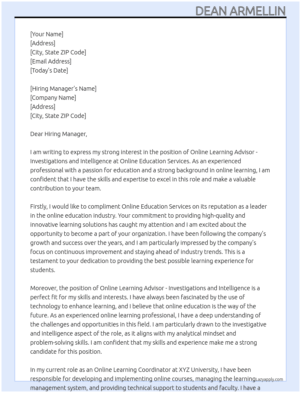 Online Learning Advisor - Investigations and Intelligence At Online Education Services Cover Letter