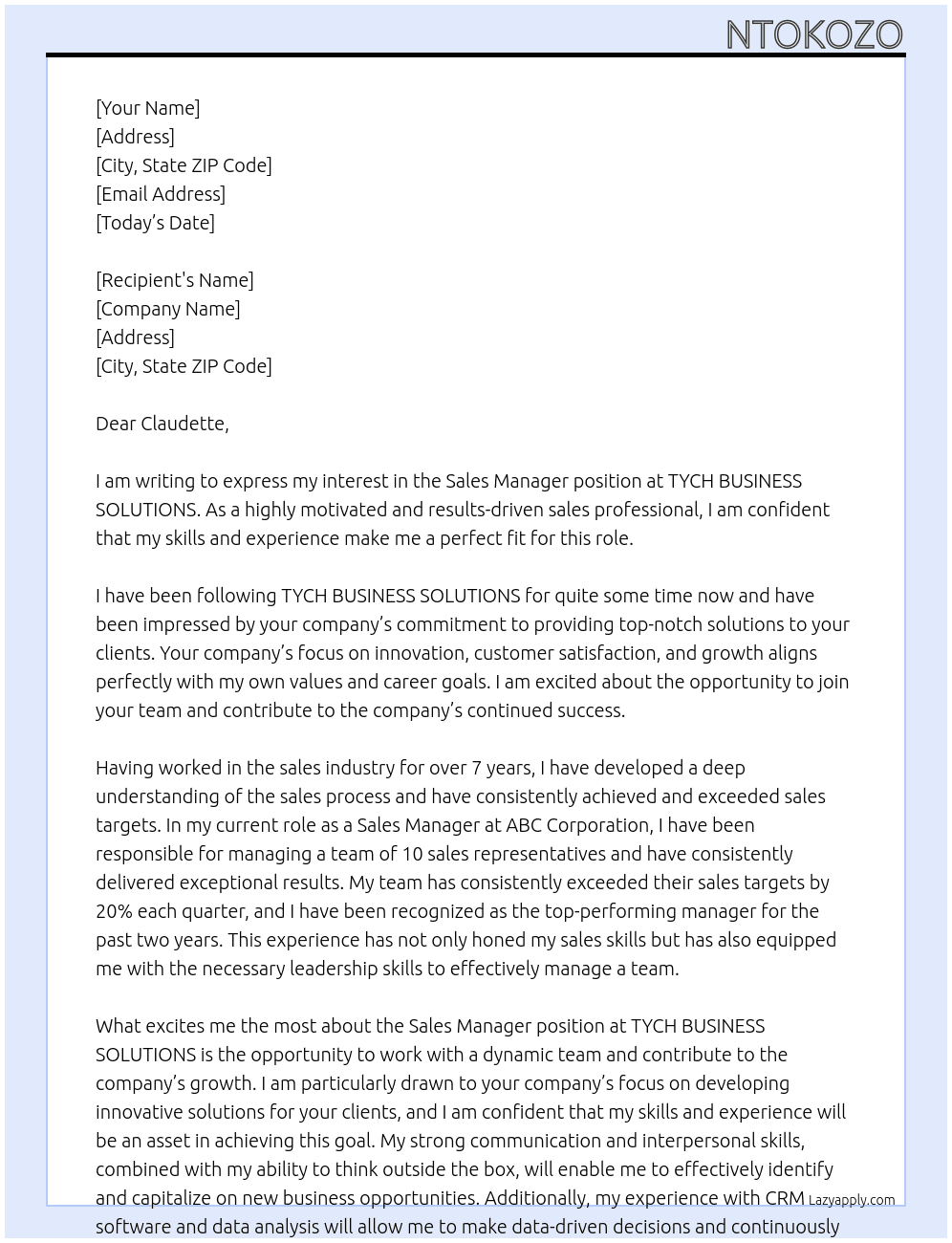 Sales Manager At TYCH BUSINESS SOLUTIONS Cover Letter