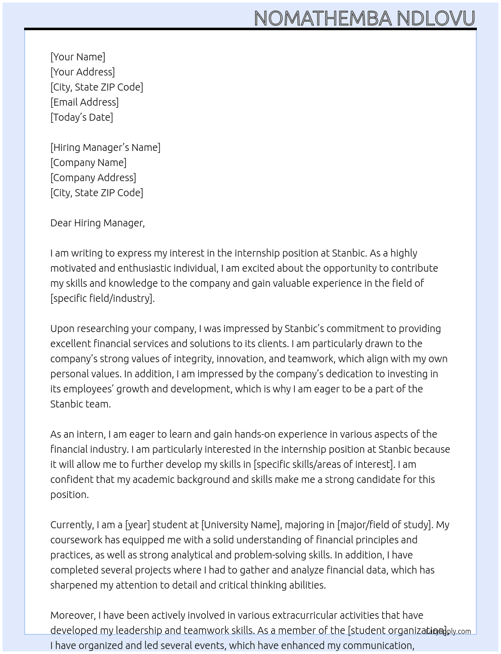 Internship  At Stanbic  Cover Letter