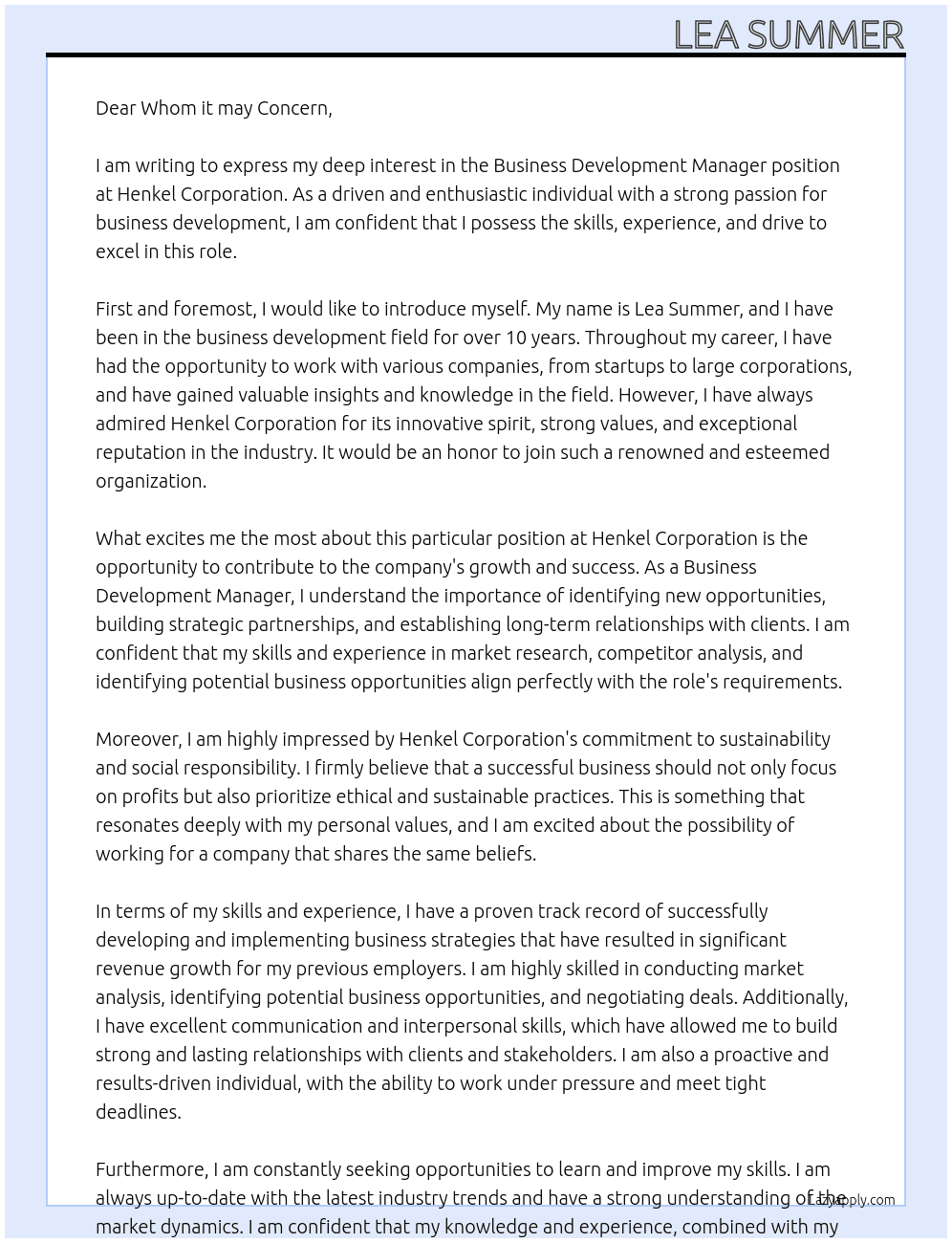 Business Development Manager At Henkel Corporation Cover Letter