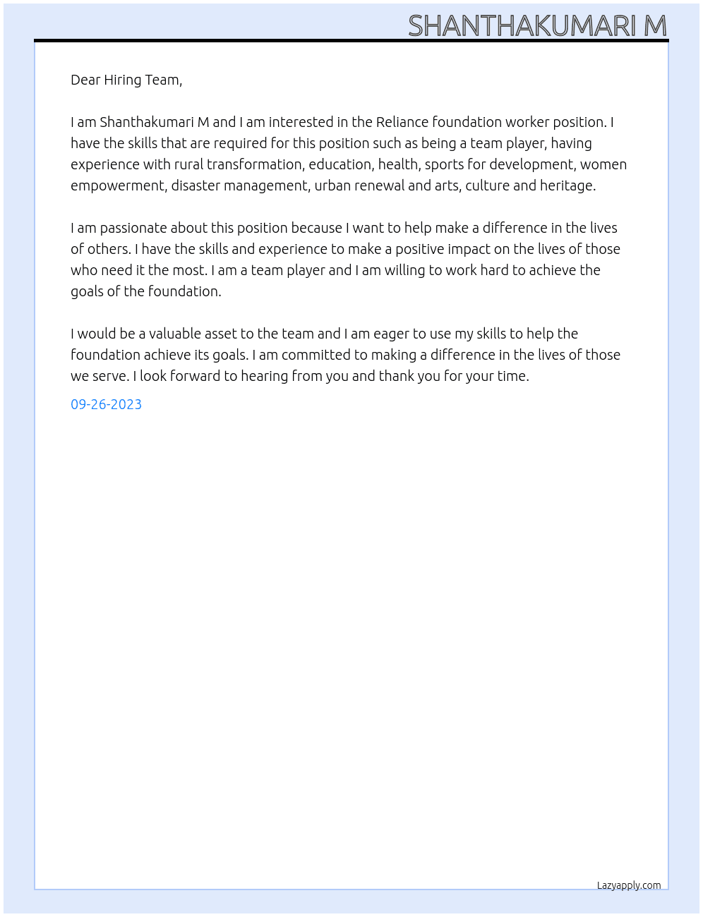 Reliance foundation worker At Reliance foundation Cover Letter