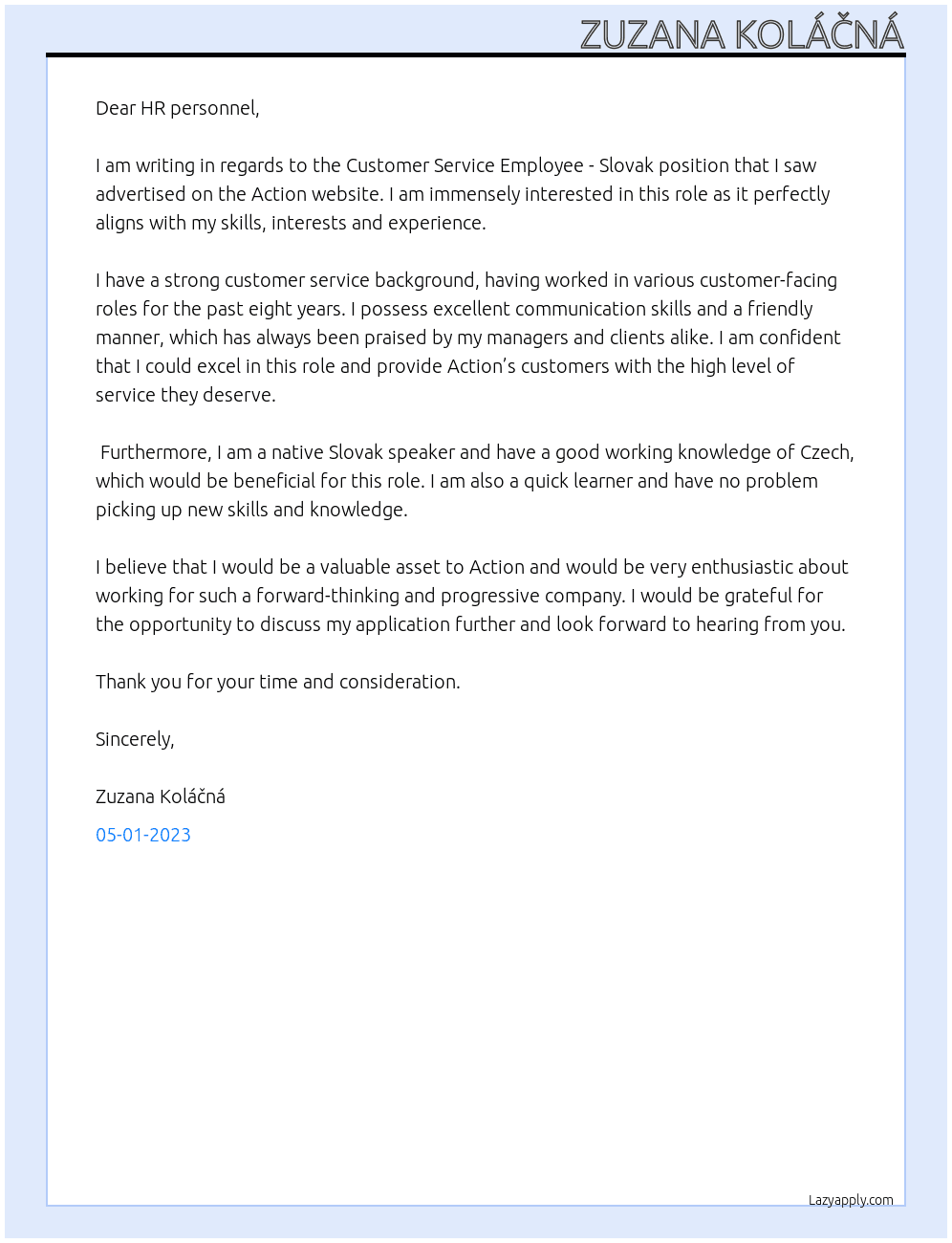  Customer Service Employee - Slovak  At Action Cover Letter