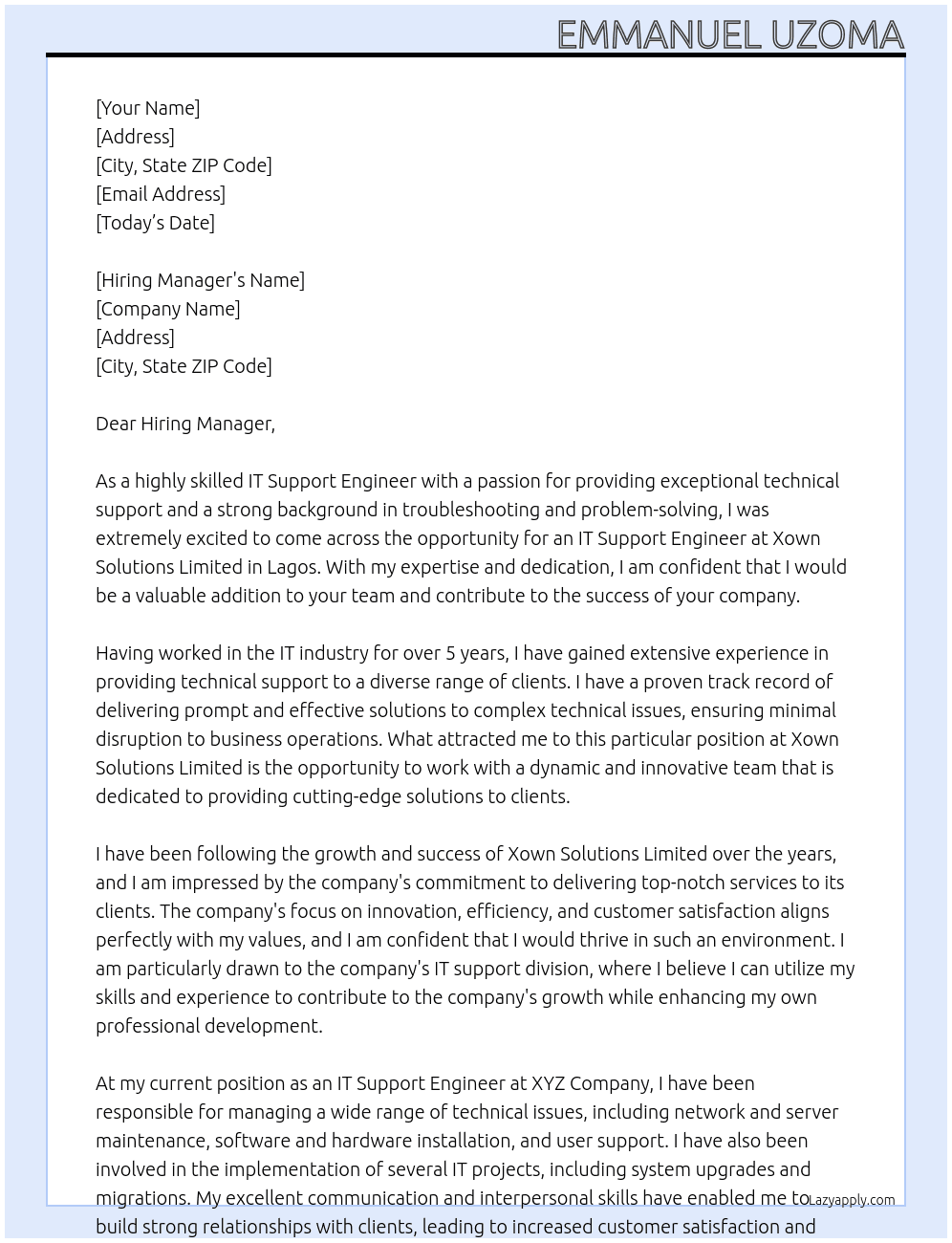 IT Support Engineer At Xown Solutions Limited Lagos Cover Letter