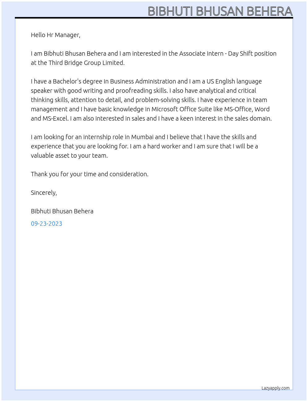 Associate Intern - Day Shift At Third Bridge Group Limited Cover Letter