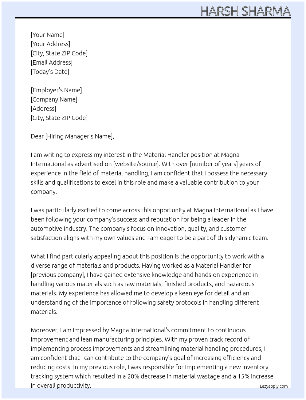 Material Handler At Magna International Cover Letter