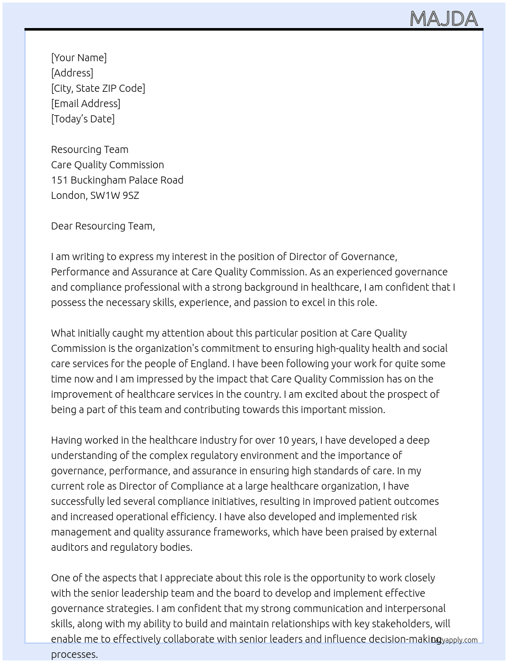 Director of Governance, Performance and Assurance At Care Quality Commission Cover Letter