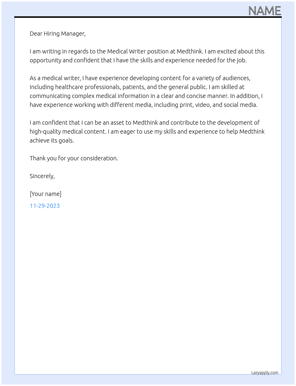 Medical Writer At Medthink  Cover Letter