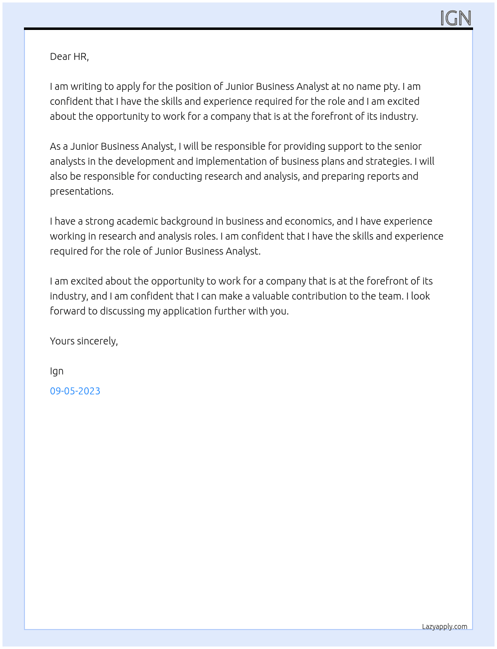 junior Business Analyst At no name pty Cover Letter