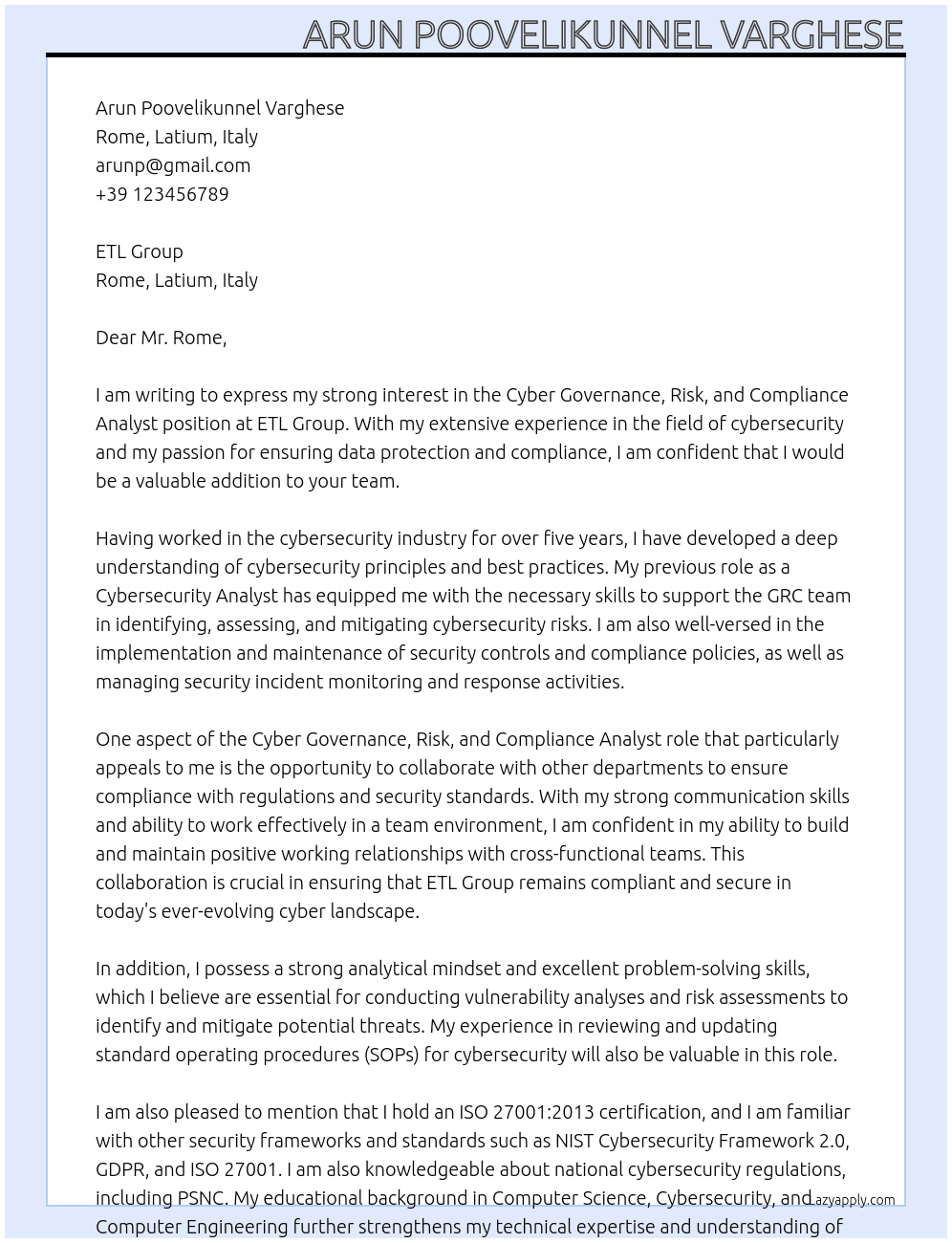 Cyber Governance, Risk, and Compliance Analyst At ETL Group Cover Letter