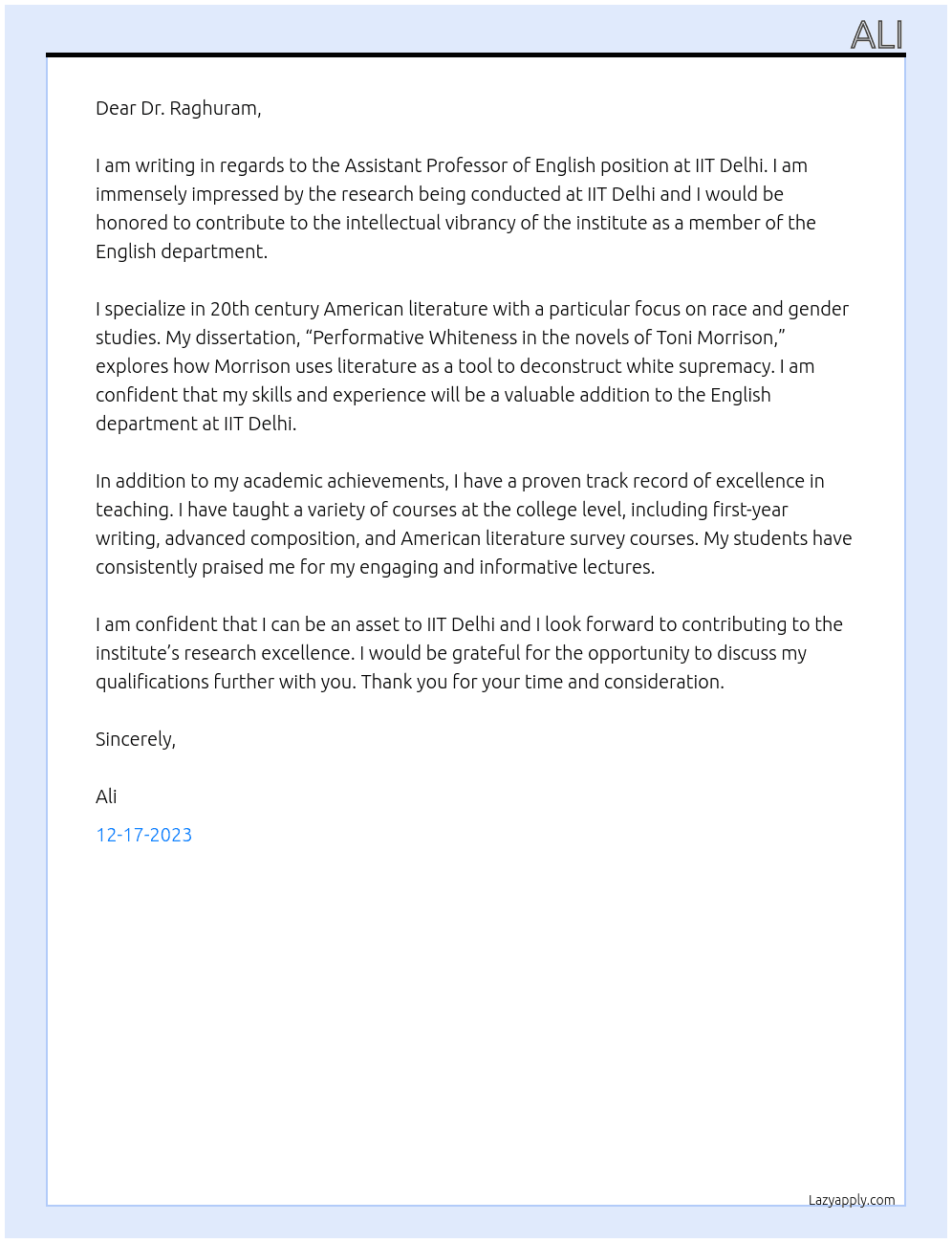 Assistant Professor of English At IIT Delhi Cover Letter