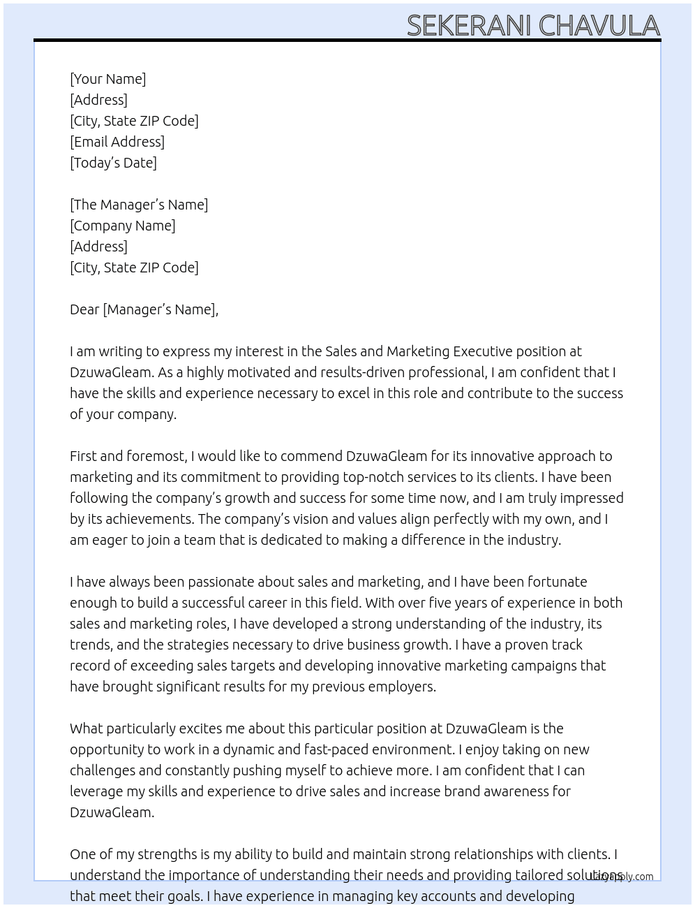 Sales and marketing executive  At DzuwaGleam  Cover Letter