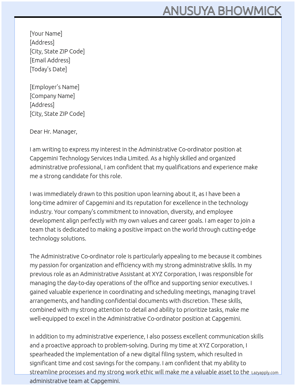 Administrative Co-ordinator At Capgemini Technology Services India Limited Cover Letter