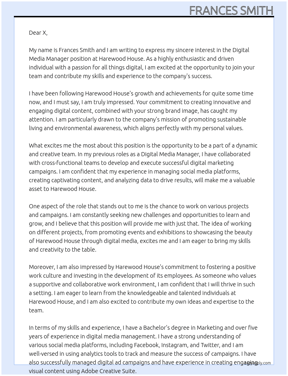 Digital Media Manager At Harewood House Cover Letter